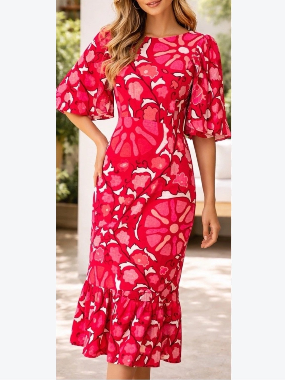 RHODE Red & Pink Floral Midi Dress
